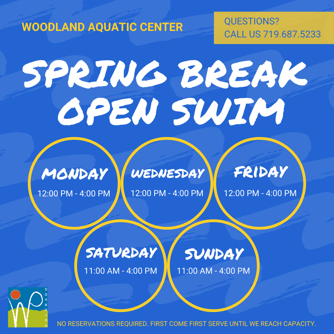 Graphic with time and dates of Spring Break Open Swim