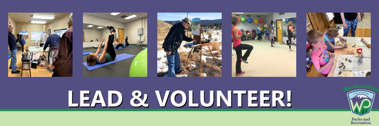 Volunteer/Teach banner with 4 images of Parks & Rec classes & activities