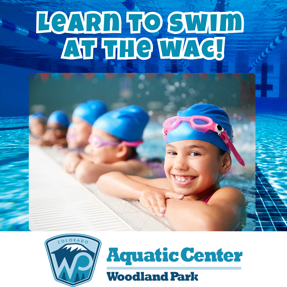 Ad for swim lessons with a photo of children in the pool