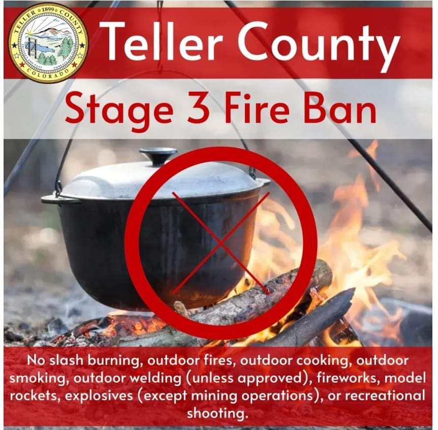 Teller County Stage 3 Fire Ban with image of fire
