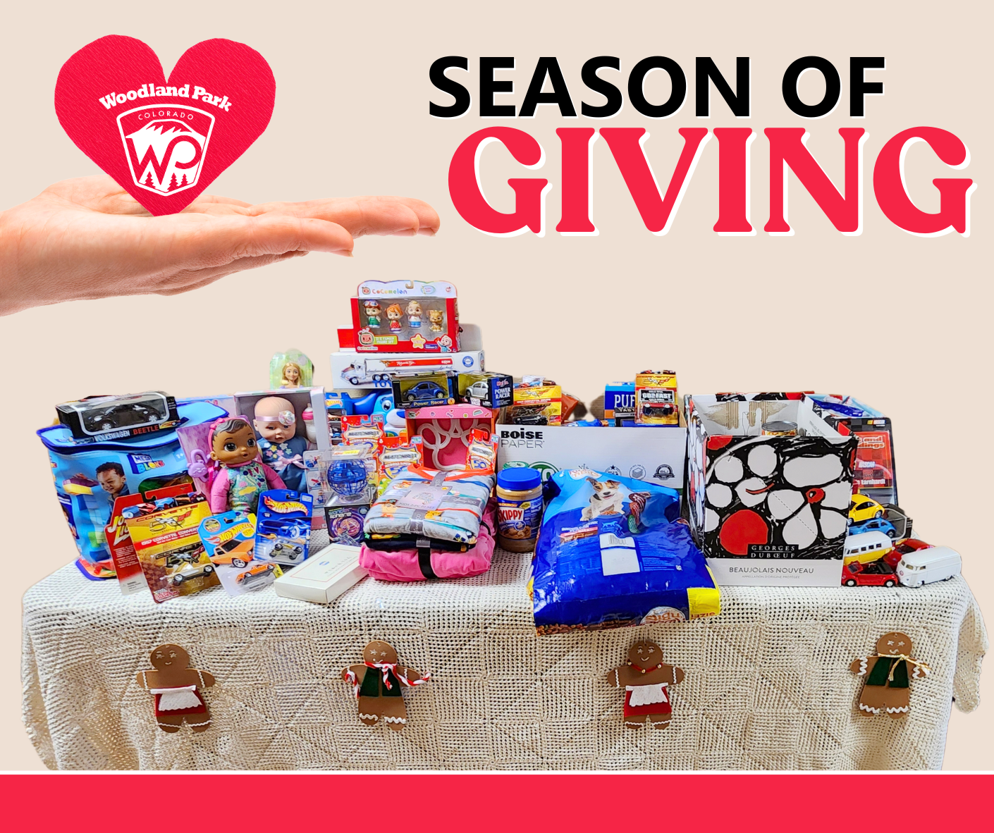 Season of Giving Donation request - photo of holiday decorated table with donations