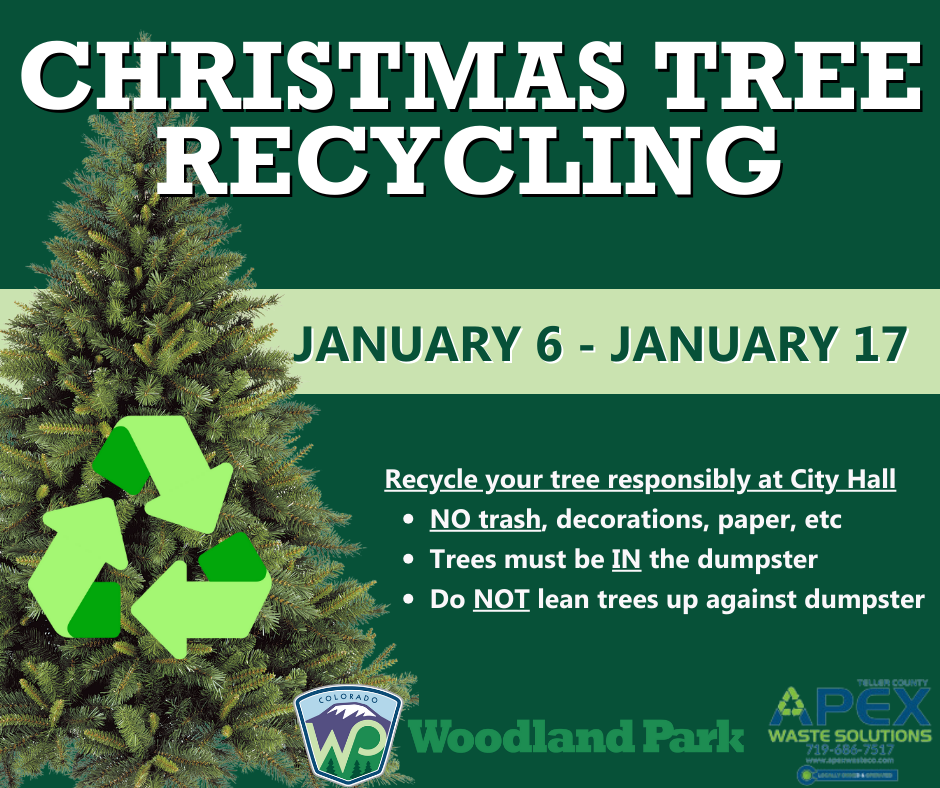 Christmas Tree Recycling flyer 1-6-25 thru 1-17-25 image of tree with recycling symbol