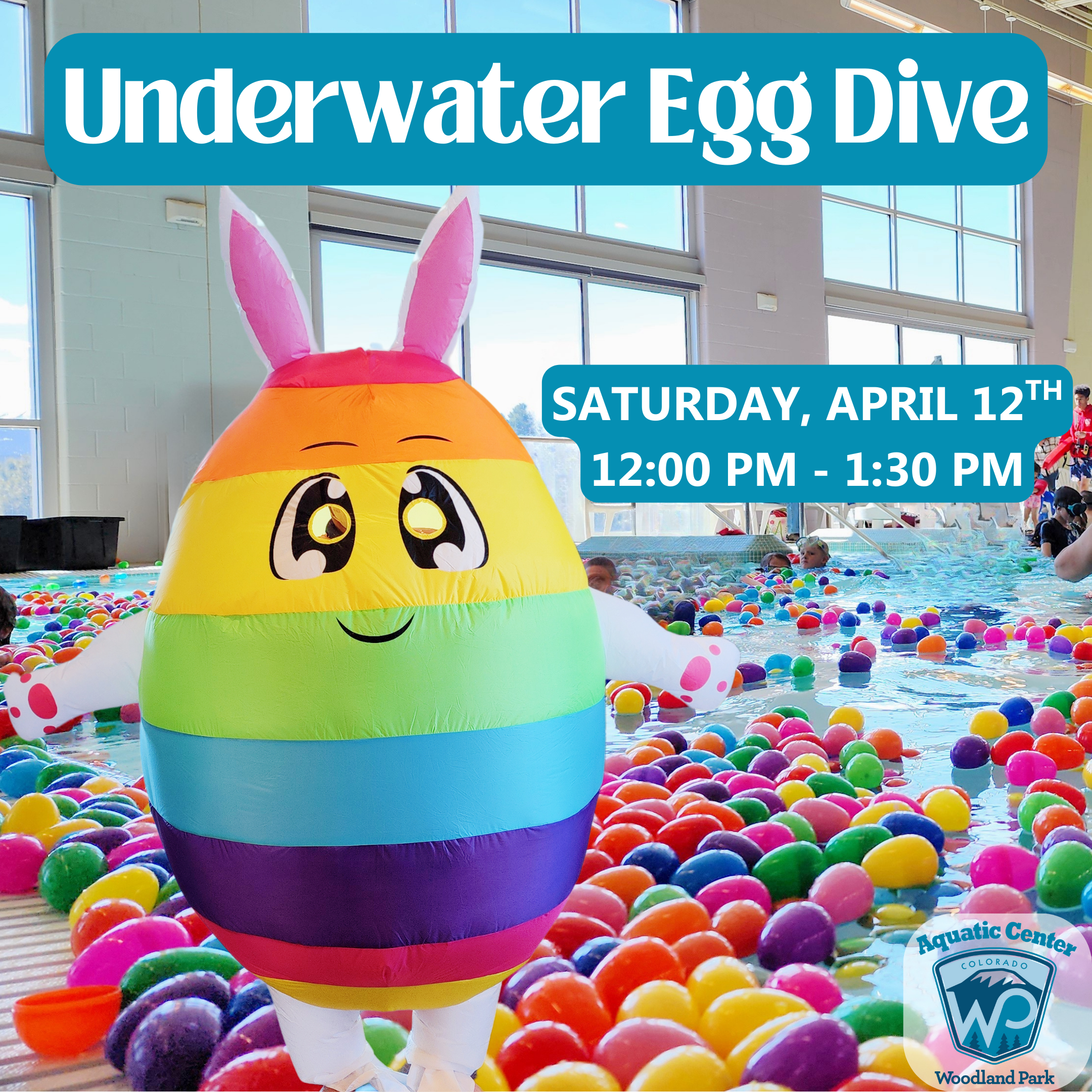 Egg Dive (Instagram Post) showing pool with colorful eggs and egg costume character