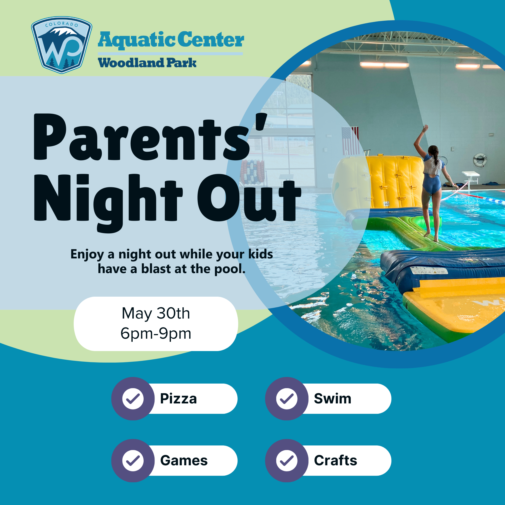 WAC Parents Night Out event with images of pools