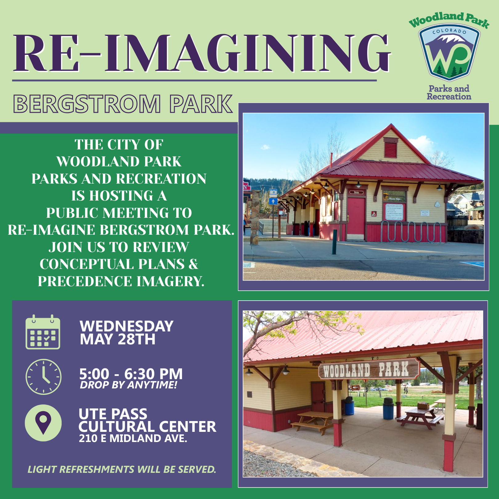 Re-Imaging Bergstrom Open House graphic with images of buildings at the park