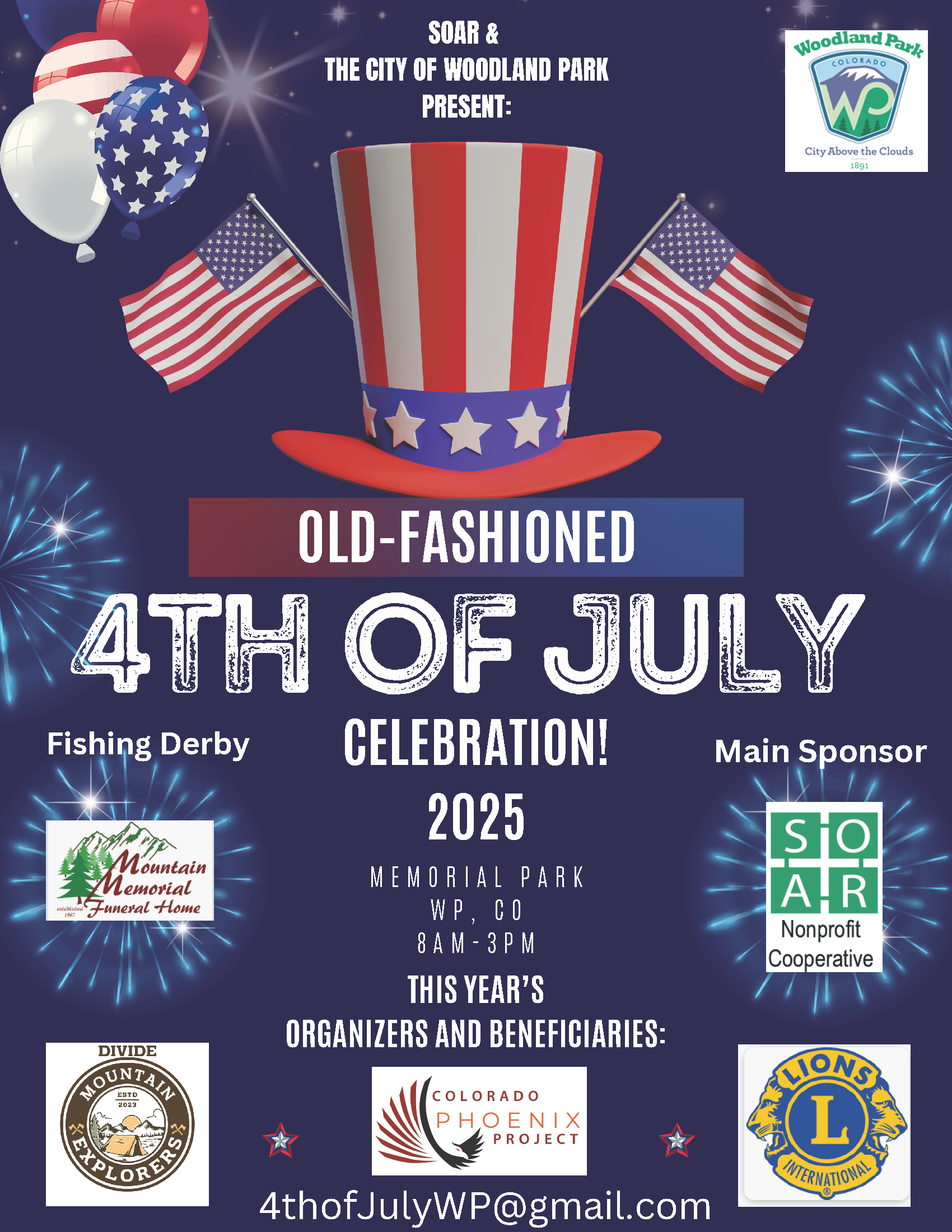Old Fashioned 4th of July event flyer showing fireworks and a top hat