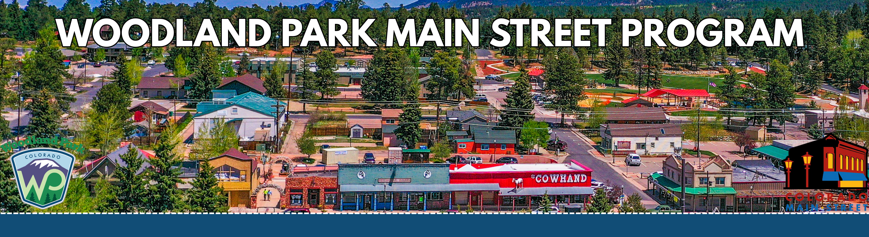 WP Main Street Program with photo of downtown woodland park on us hwy 24
