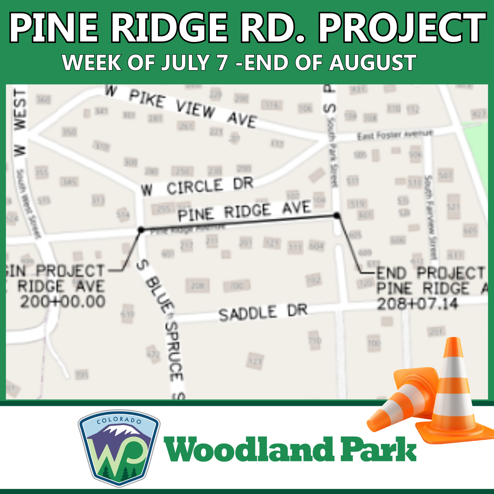 Map showing the pine ridge road project area with city logo and traffic cones