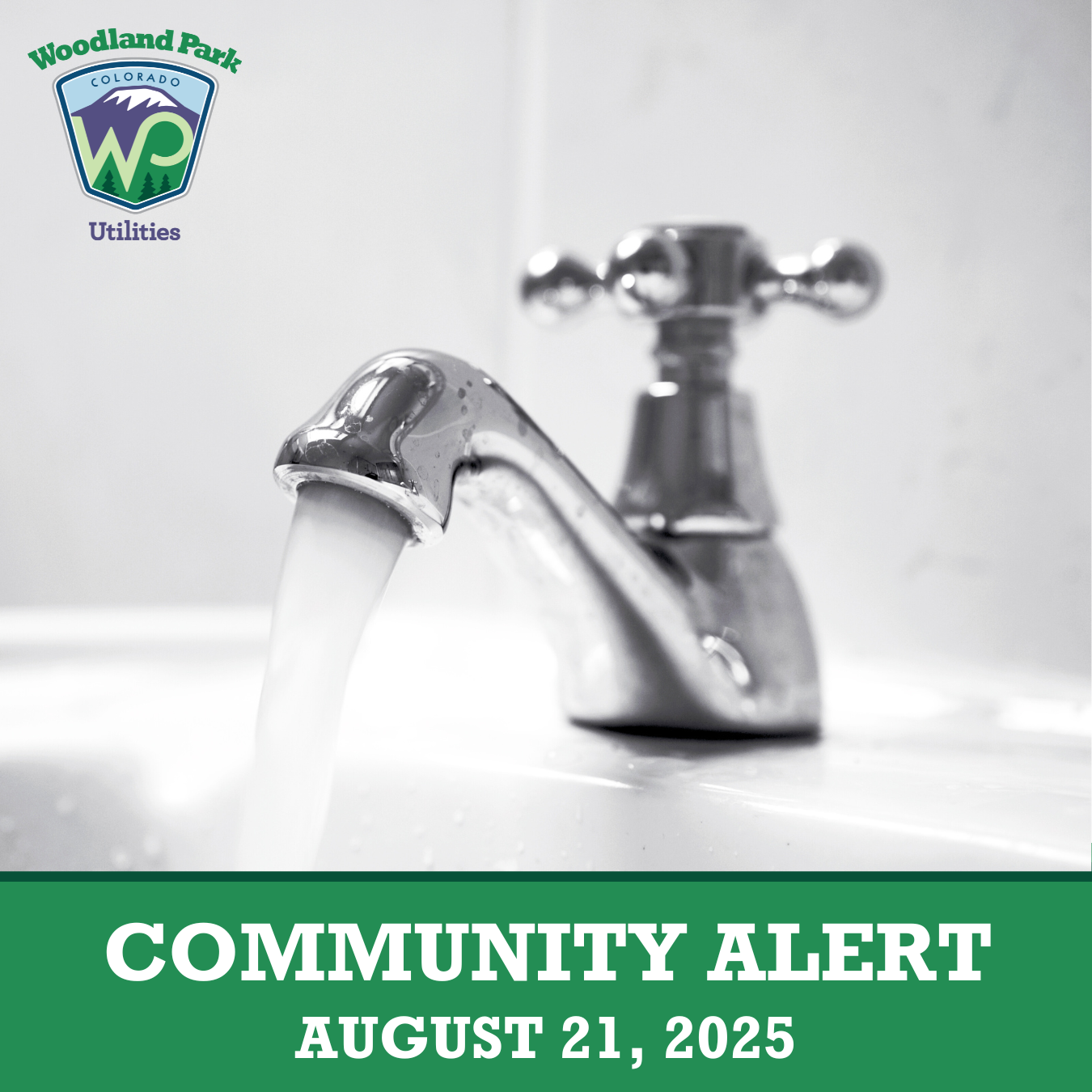 Community Alert 8-21-25 with image of running faucet