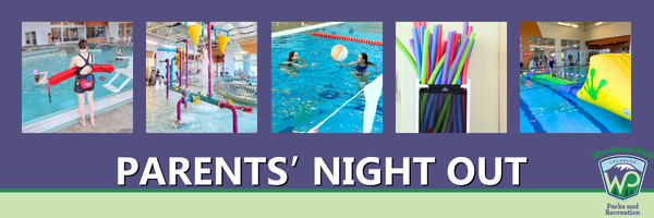 Parents' Night Out event banner showing images of the pool and people swimming