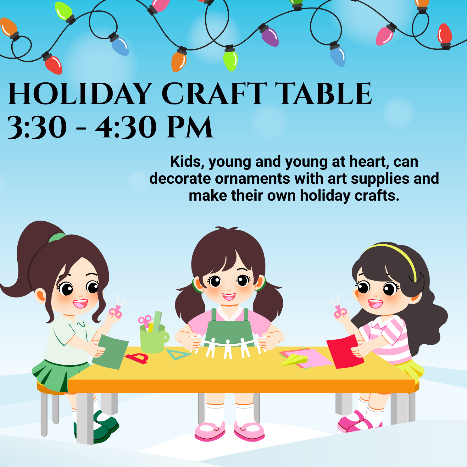 holiday craft table with children making crafts