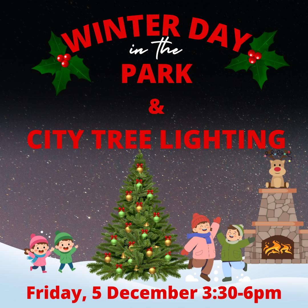 Winter Day in the Park 2025 with a holiday tree and city logo