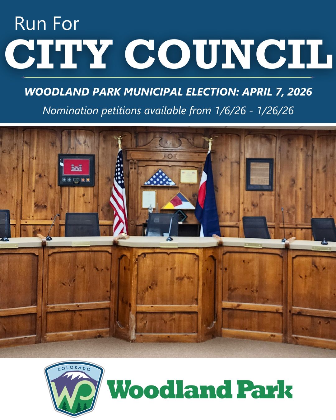 City Council Petitions available 1/6-1/26-26 with city logo and image of Council Chambers