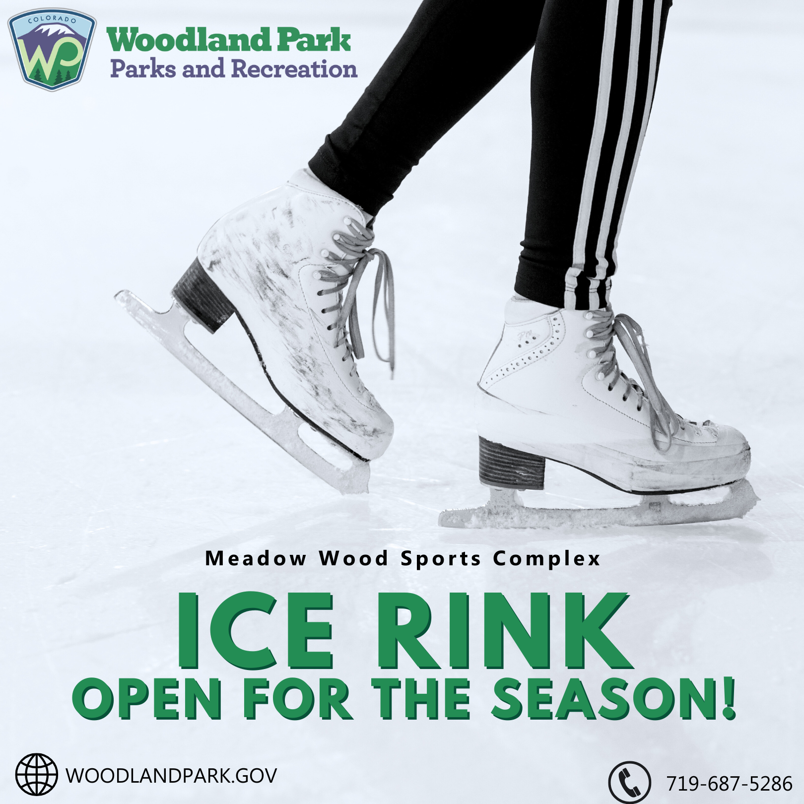 Meadow Wood Ice Rink Opening with image of ice skates and city logo