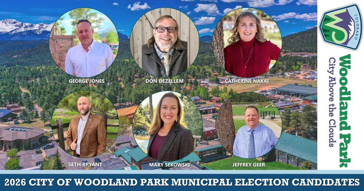 2026 city council candidates photos over downtown aerial image with city logo