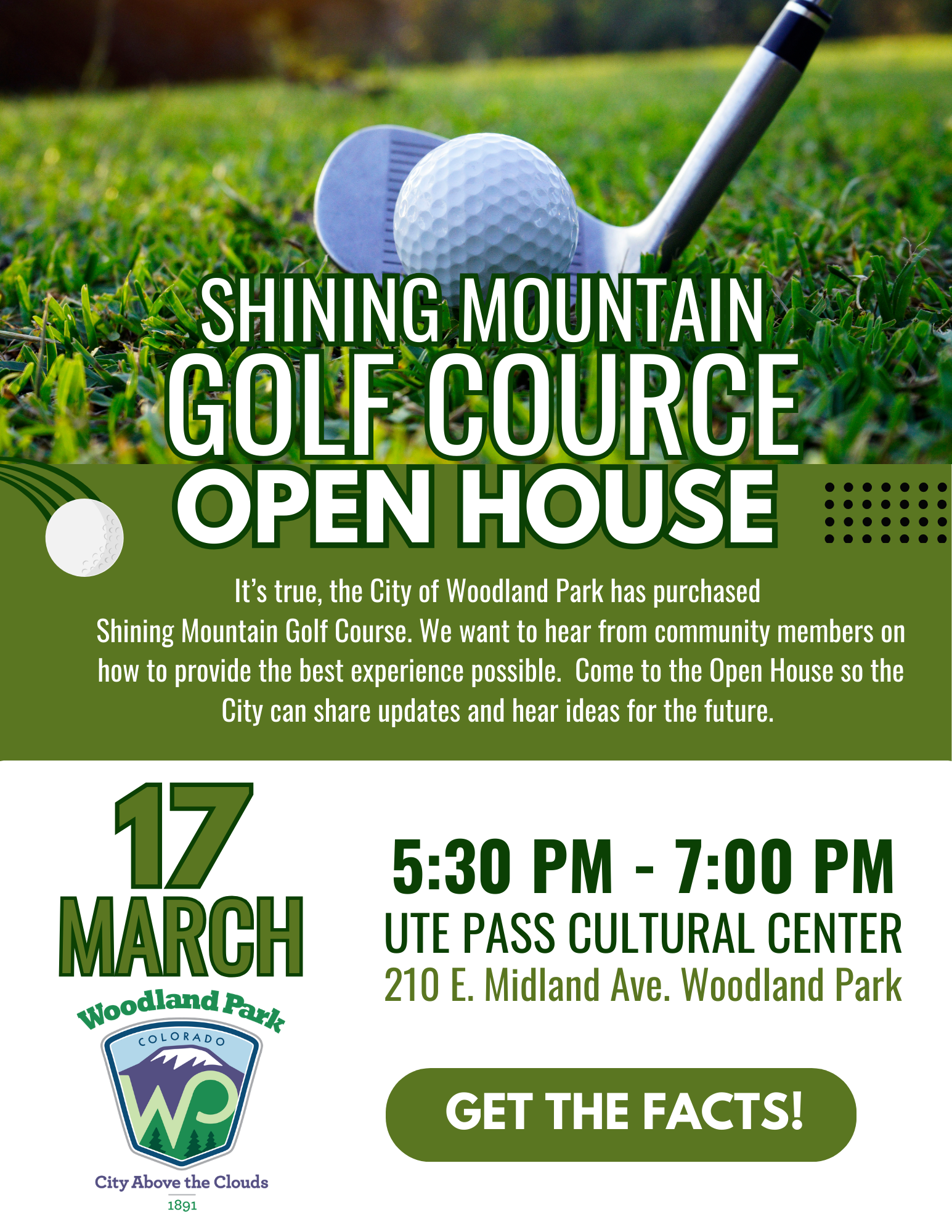 Golf Course Open House 3-17-26 with images of golf course, golf ball and city logo