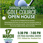 Golf Course Open House 3-17-26 with images of golf course, golf ball and city logo