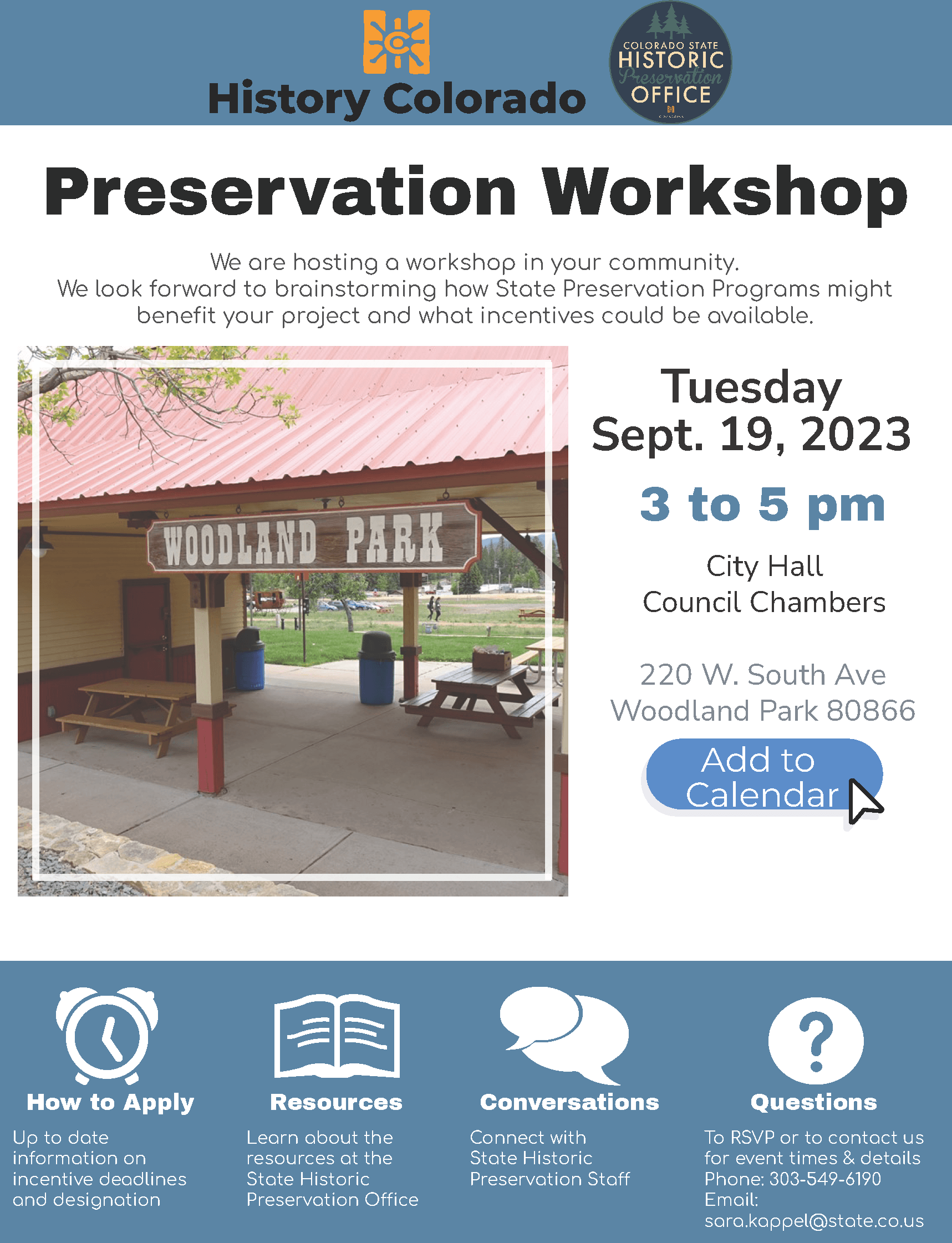 Property Owner Outreach Program - Preservation Workshop Flyer for 9/19/23, 3-5PM
