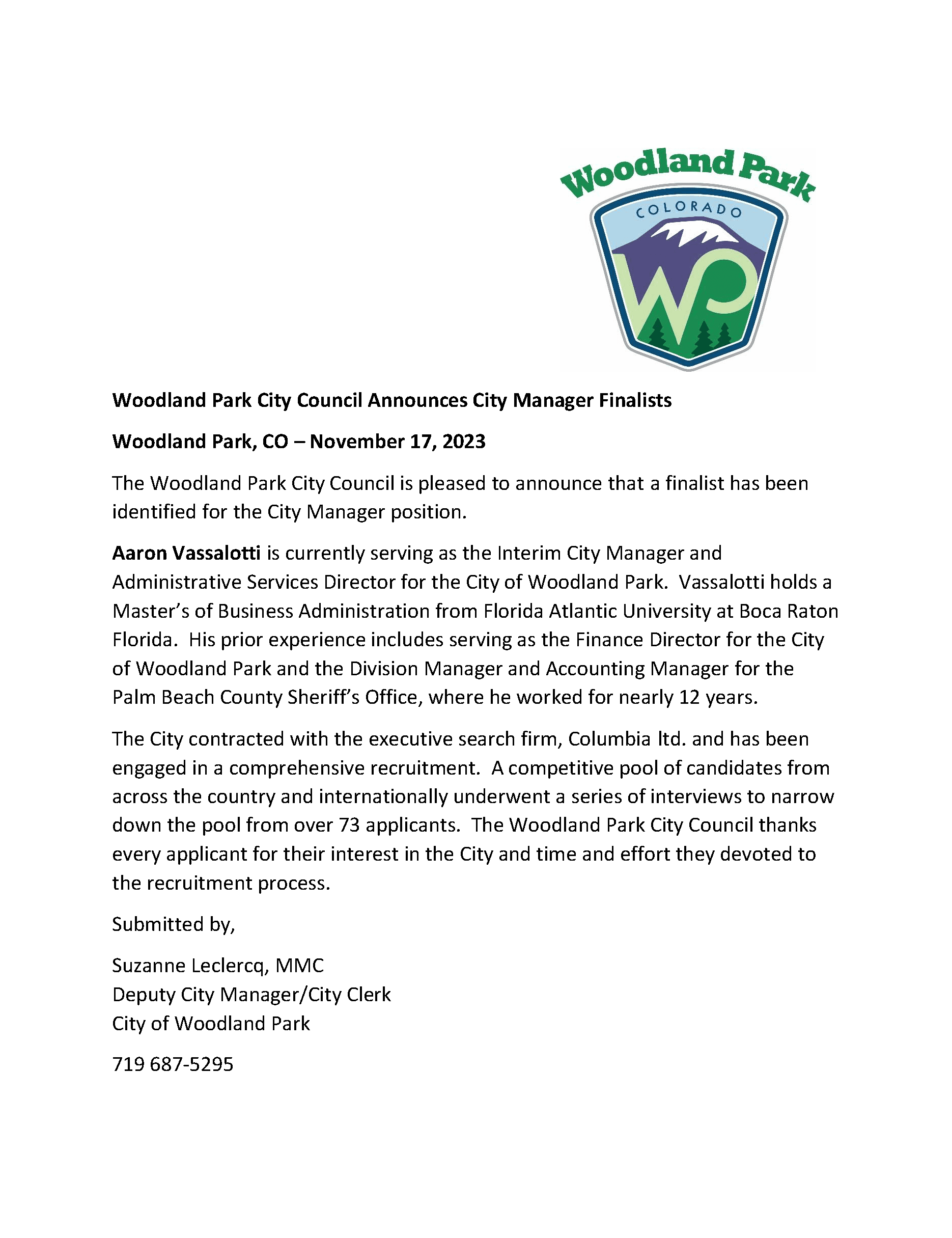 Woodland Park City Council Announces City Manager Finalists press release 11-2023