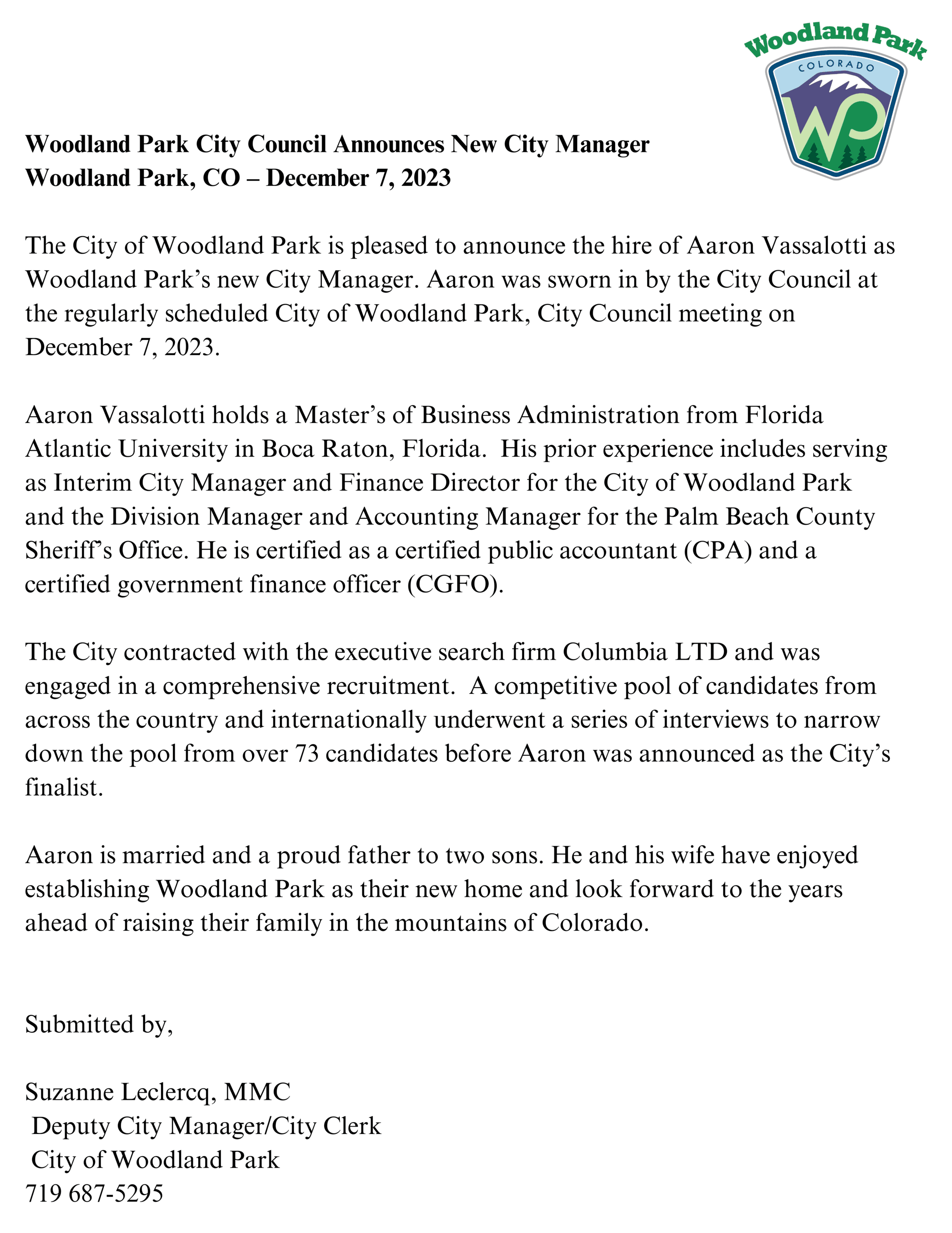 - City Manager  Press Release 12-7-23