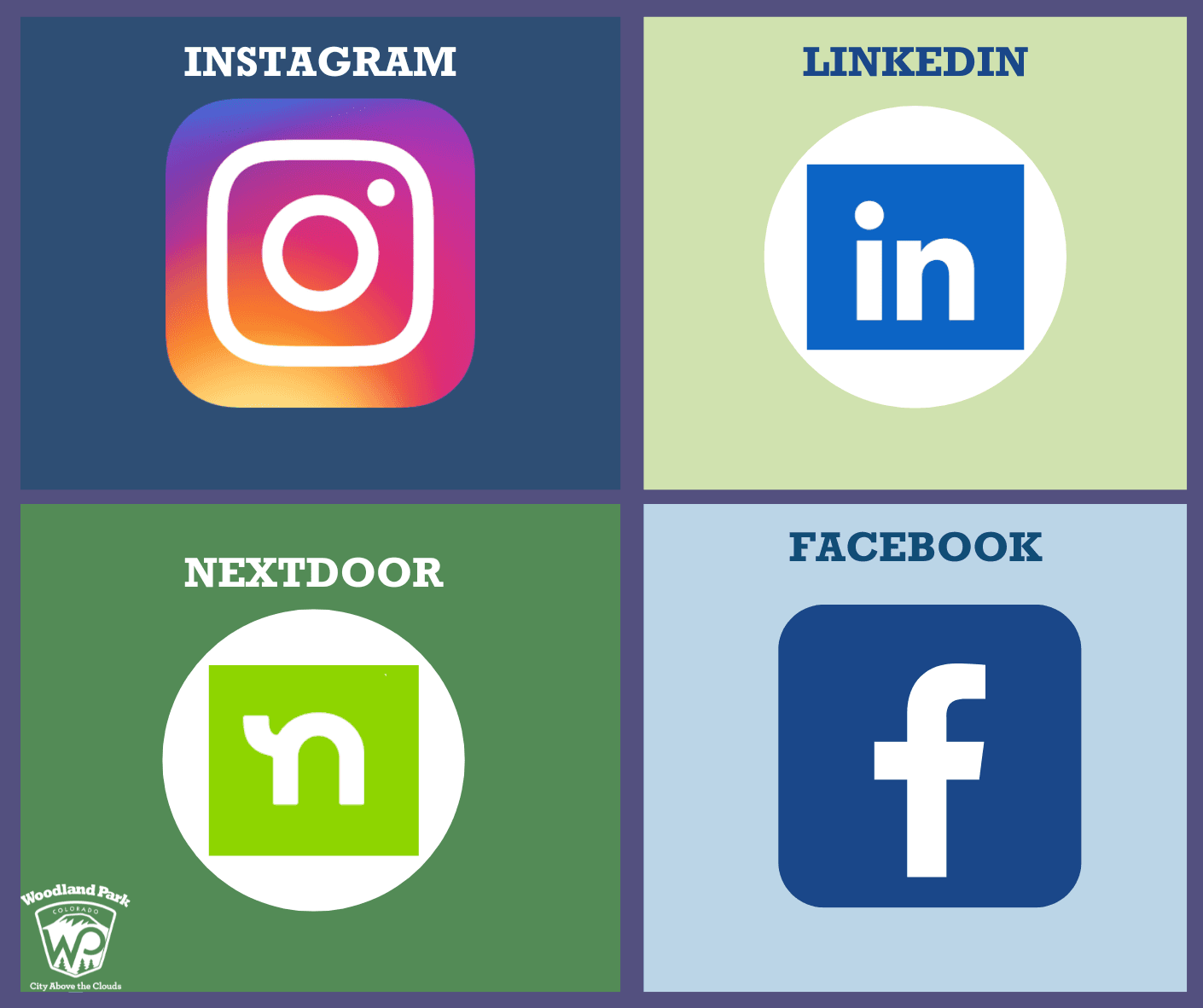 Graphic showing city social media platforms: Facebook, Nextdoor, Instagram, LinkedIn