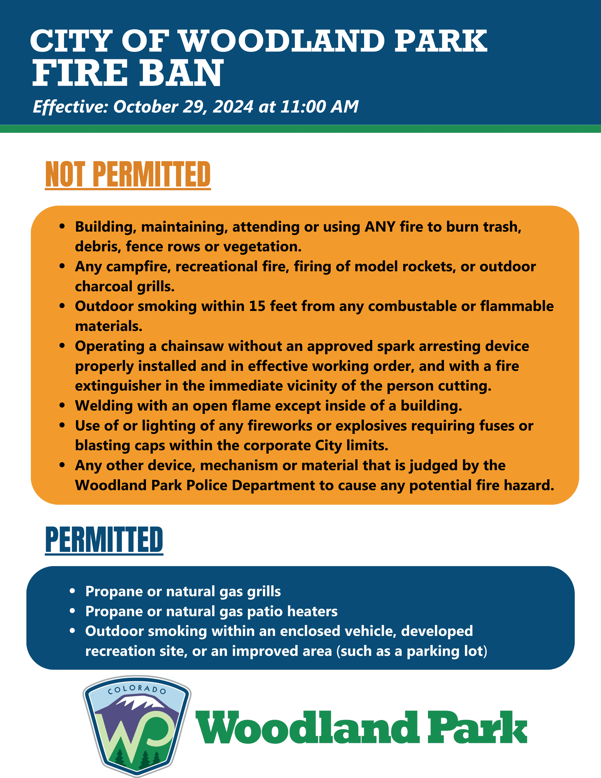 City of Woodland Park logo flyer outlining what is and is NOT permitted during a city fire ban