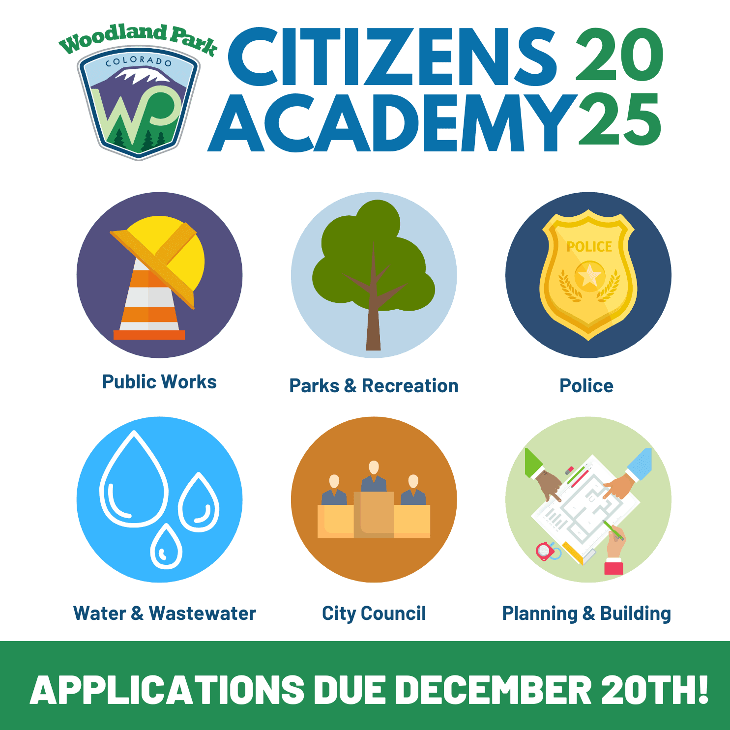 Citizens Academy ad showing graphics representing departments like a badge for police