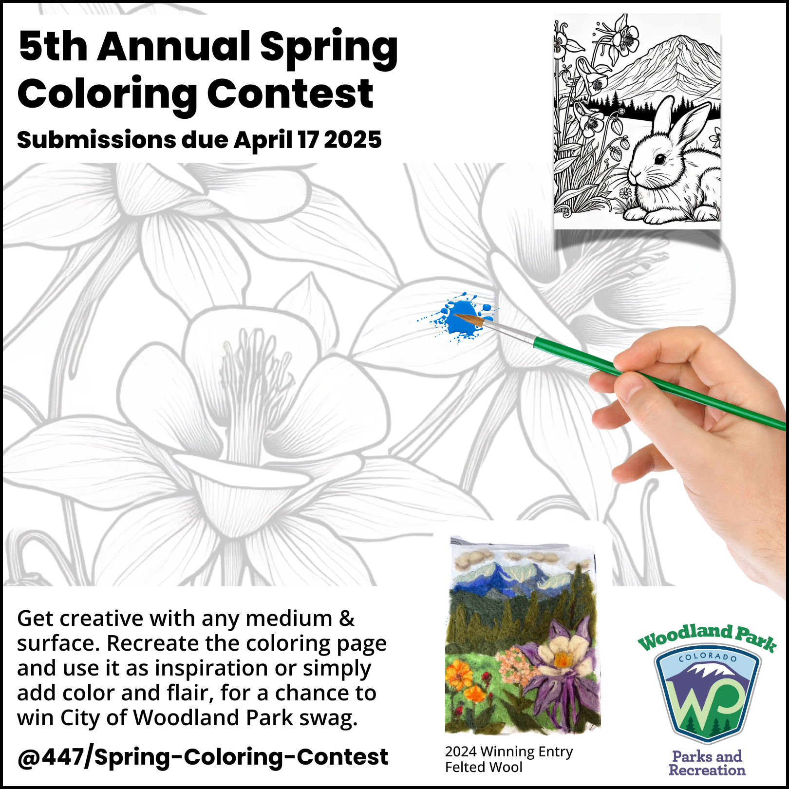 Spring Coloring Contest 2025 Flyer image of hand painting a picture of Columbine flowers