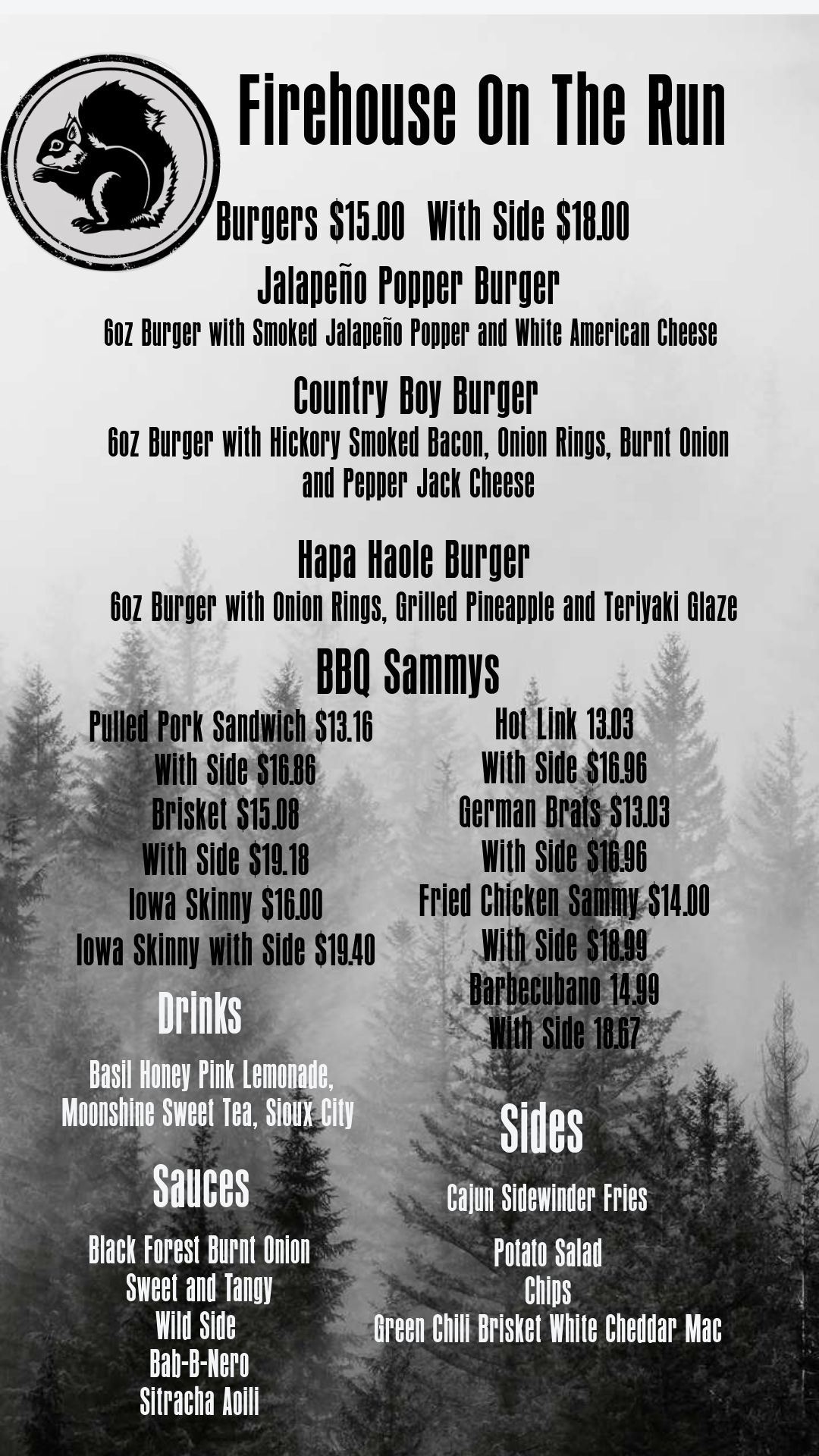 Firehouse On The Run Food Truck Menu