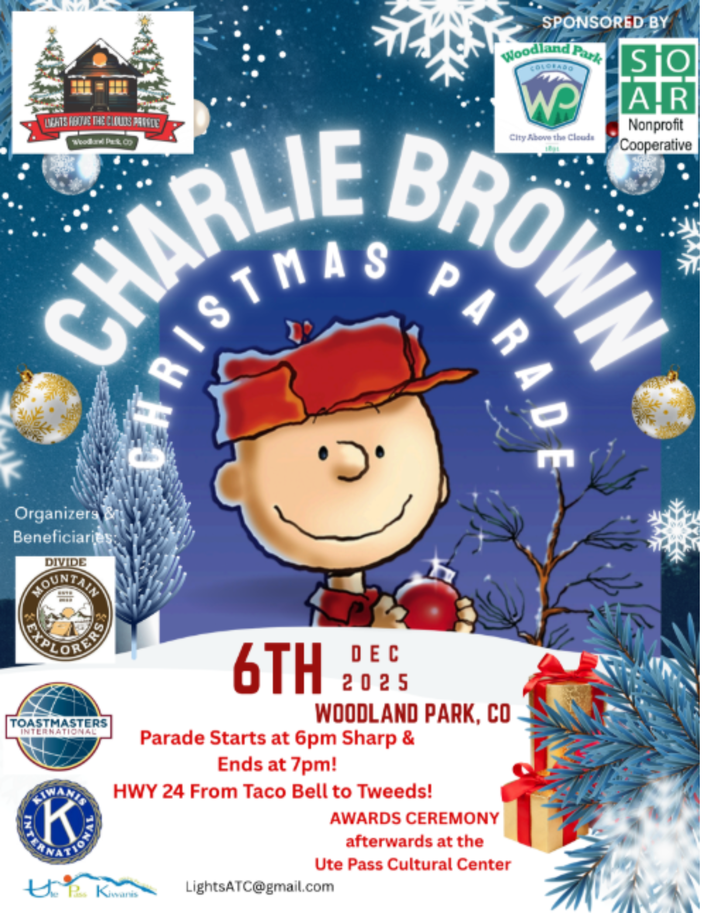 Charlie brown flyer with charlie, snowflakes and snow