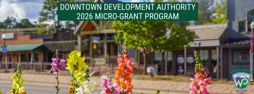Photo of downtown woodland park with flower for DDA micro-grant opportunity annoucment